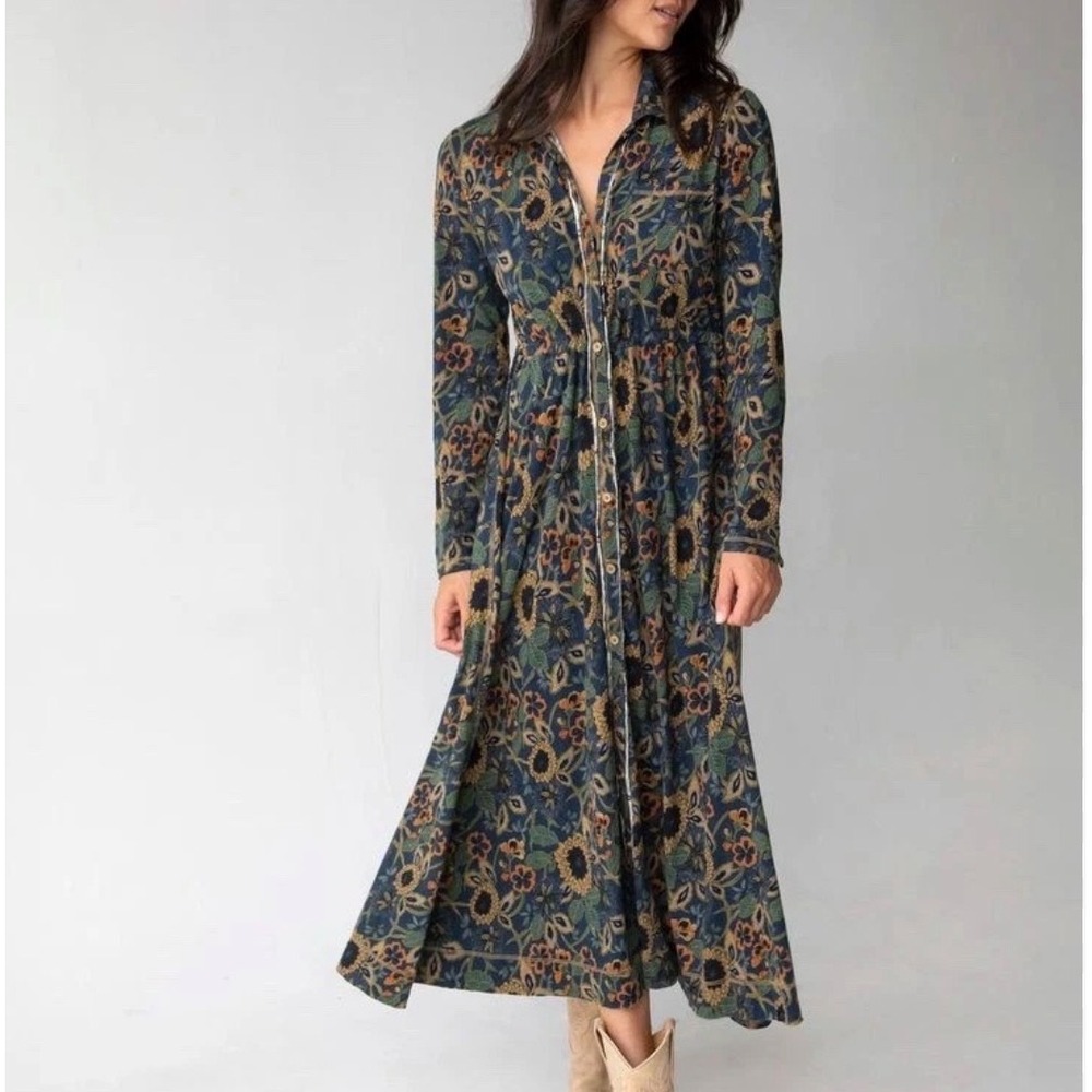 Natural Life Maxi Shirt Dress S Navy Floral 100% Cotton Boho Cottagecore